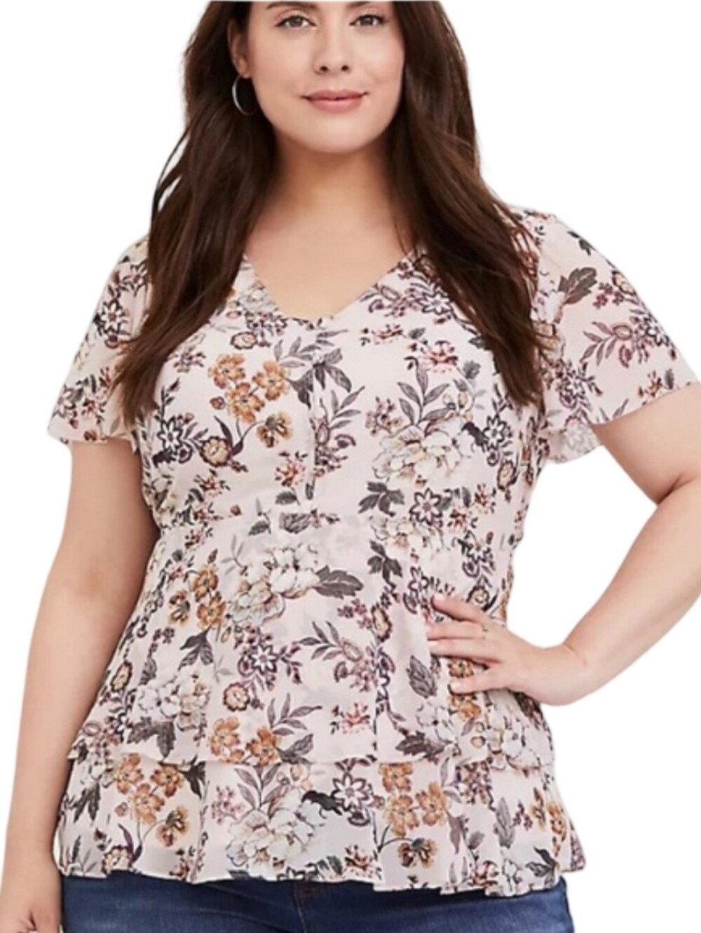 Torrid Floral V-Neck Ruffle Peplum Top - Pink Floral Plus Size 2 2X New